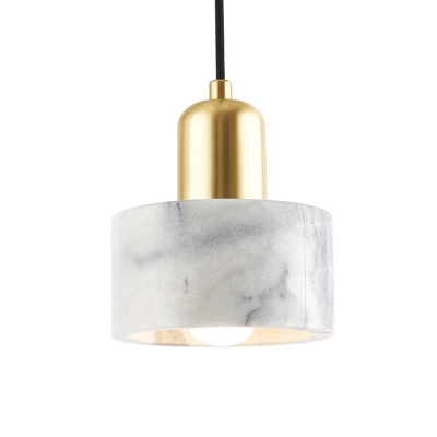 Single-Bulb Bedside Drop Pendant Postmodern White and Brass Ceiling Lamp with Round Marble Shade