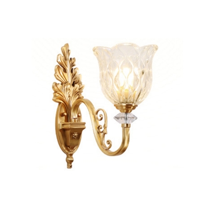 Transparent Glass Floral Wall Sconce Traditional 1 Head Hotel Wall Light in Gold