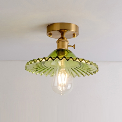 1 Head Small Semi Flush Mount Industrial Gold Metal Ceiling Light Fixture with Glass Shade