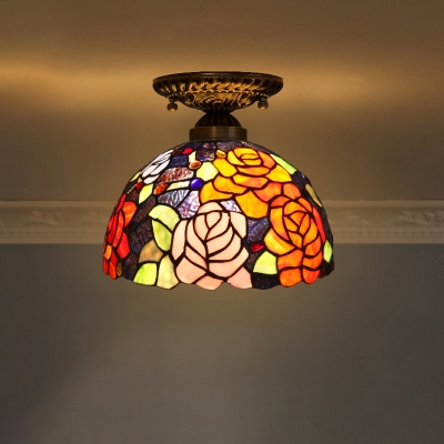 1-Light Hallway Ceiling Fixture Tiffany Semi Flush Light with Dome Cut Glass Shade