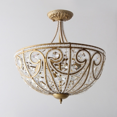 5-Light Crystal Beading Ceiling Mount Lamp Traditional Gold Dome Kitchen Semi Flush Light