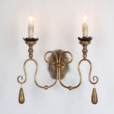 Antiqued Gold Candle Wall Lamp French Country Metal 2-Head Bedroom Sconce with Scrolling Arm