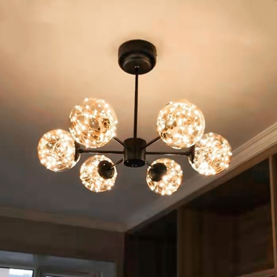 Branched Ceiling Suspension Lamp Contemporary Ball Glass Black LED Chandelier Light