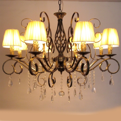 Chandelier Light Fixture Antique Candle Crystal Hanging Pendant Lamp with Scroll Arm in Brass