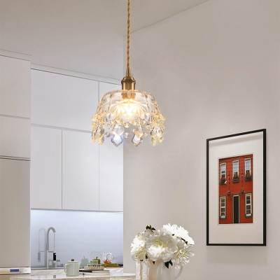 Clear Hand-Blown Glass Bowl Ceiling Hang Light Nordic 1 Head Dinette Pendant with Crystal Decor