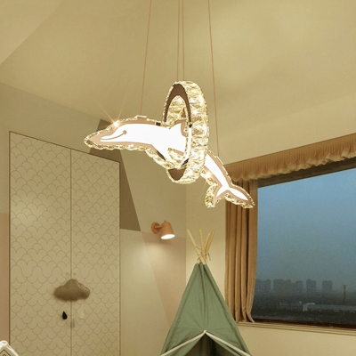 Creative Dolphin and Ring Pendant Lamp Crystal Kids Bedroom LED Chandelier Light in Stainless Steel