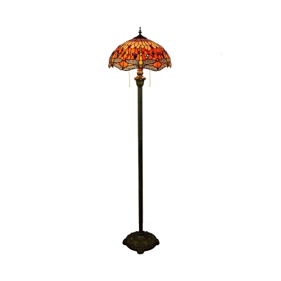 Cut Glass Orange Floor Lamp Dragonfly Patterned 2-Light Tiffany Standing Light with Pull Chain Switch