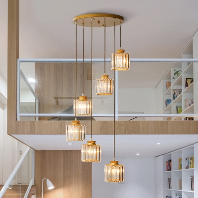 Duplex House Multi Pendant Light Modern Ceiling Lamp with Cylindrical Crystal Shade