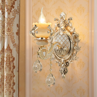 Floral Wall Light Vintage Gold Faux Jade Wall Lamp Sconce with Clear Crystal Drop