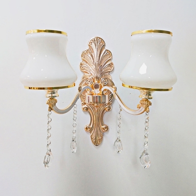 Frosted Glass Gold Wall Lamp Floral Traditional Sconce Lighting with Crystal Ornament