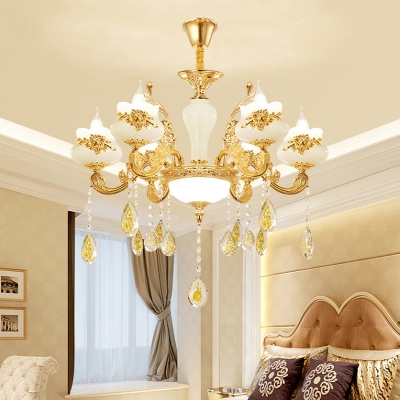 Gold Candelabra Chandelier Light Vintage Opal Glass Living Room Hanging Light with K9 Crystal