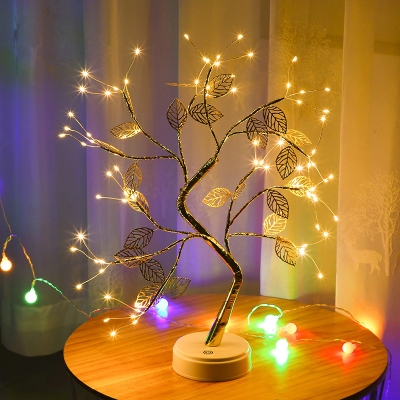 Gold Finish Tree Table Lighting Decorative Metallic USB Charging LED Nightstand Lamp