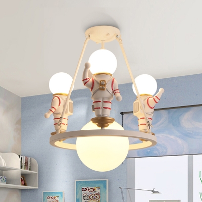 Hand-Worked Astronaut Chandelier Kids Resin 4-Bulb White Pendant Lighting with Ball Acrylic Shade
