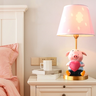 Kids Style Piglet Table Light Resin 1 Head Bedside Night Lamp with Fabric Empire Shade