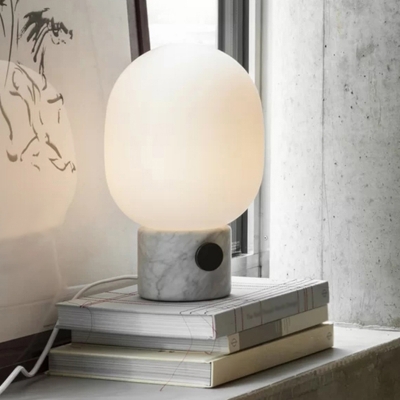 Oval Bedside Table Lighting White Glass 1-Bulb Minimalist Night Lamp with Marble Base