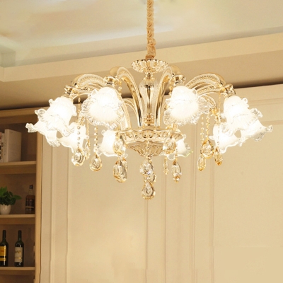 Ruffled Frosted Glass Light Fitting Traditional Living Room Lighting with Dangling Crystals in Gold