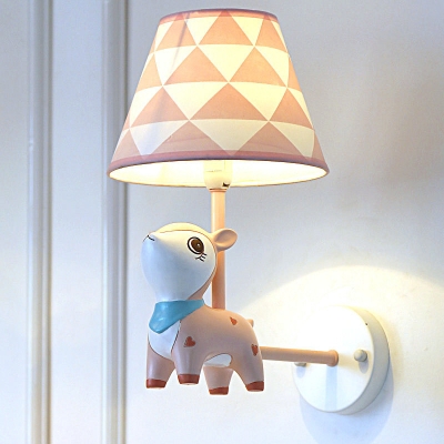 Sika Deer Childrens Bedroom Sconce Light Resin 1 Head Cartoon Wall Lamp with Tapered Fabric Shade in Pink