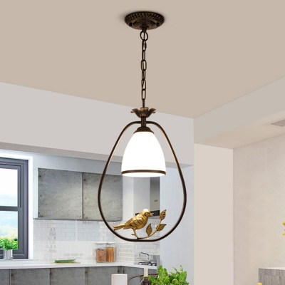 Single-Bulb Suspension Lighting Rustic Bell Shade Handblown Glass Hanging Light with Decorative Bird in Black