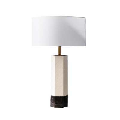 White Drum Shade Table Lamp Minimalist 1-Light Fabric Night Lighting with Hexagonal Column