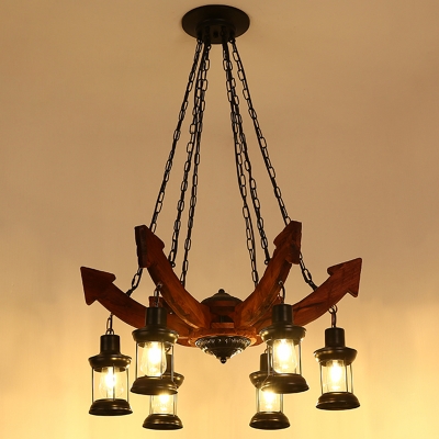 Wooden Chandelier Light Fixture Rustic Clear Glass Lantern Pendant Lamp for Dining Room