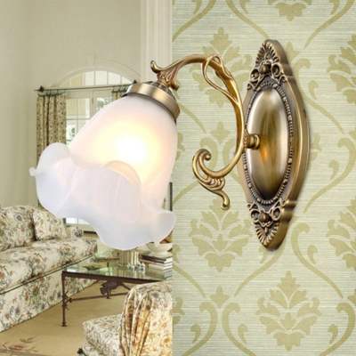 1-Light Frosted Glass Wall Light Fixture Vintage White Floral Corridor Wall Mounted Lamp