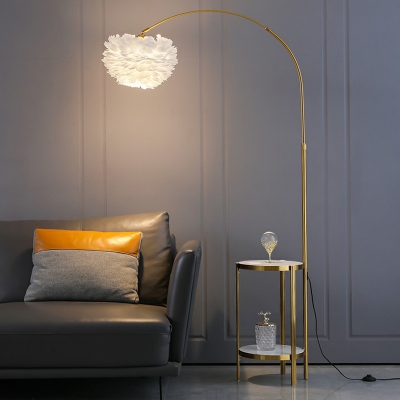 Arched Standing Floor Lamp Postmodern Metal Single 2-Tray Floor Light with Feather Lampshade