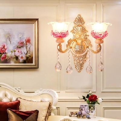 Blooming Wall Mount Light Fixture Traditional Gold Carved Glass Sconce Lamp with Crystal Drapes