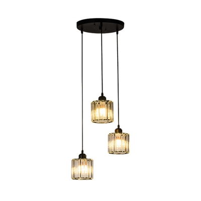 Cylindrical Multi Pendant Ceiling Light Modern Crystal Block Dining Room Hanging Lamp in Black