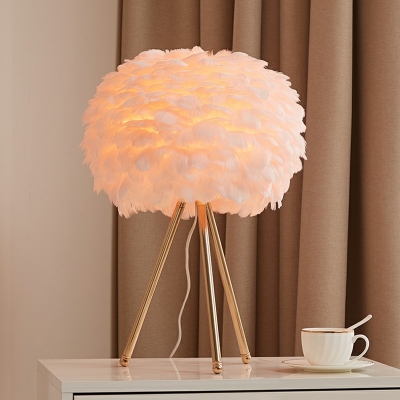 Feather Globe Shaped Table Light Nordic 1-Light Tripod Nightstand Lamp for Girls Room