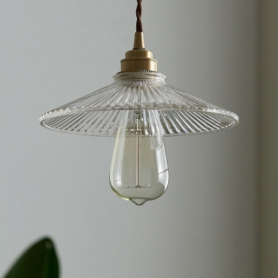 Industrial Flying Saucer Hanging Pendant 1 Head Ribbed Glass Pendulum Light in Brass