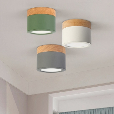 Macaron Surface Mounted LED Ceiling Lamp Wood Splicing Cylinder Flush Mount with Metal Shade