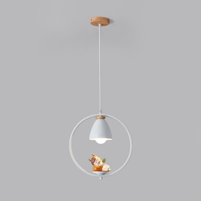 Matte White Bell Hanging Lamp Nordic 1 Head Metal Pendant Light Fixture with Figurine and Metal Ring