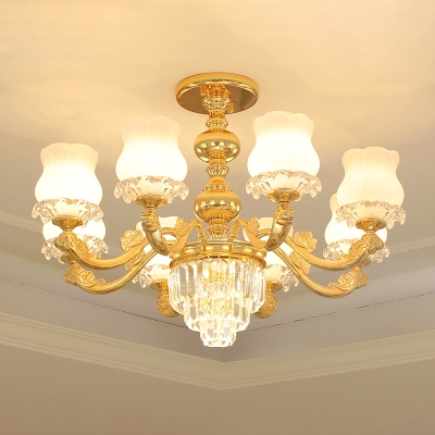 Opal White Glass Bud Chandelier Traditional Living Room Suspension Lighting with Crystal in Gold