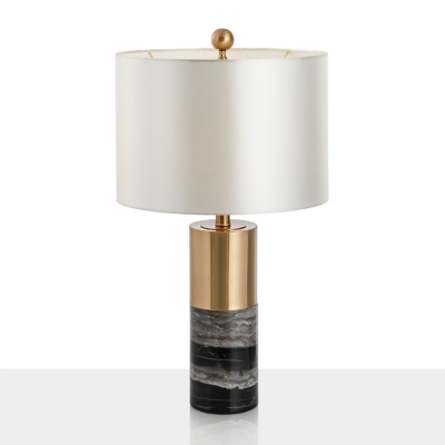 Postmodern Cylindrical Night Stand Light Fabric Single Bedroom Table Lamp in White with Marble Base