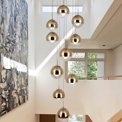 Postmodern Globe Multiple Lamp Pendant Mirrored Glass 10-Bulb Staircase Ceiling Light