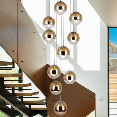 Postmodern Globe Multiple Lamp Pendant Mirrored Glass 10-Bulb Staircase Ceiling Light