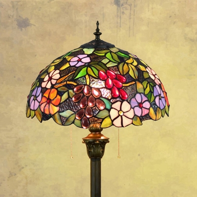 Purple 2-Light Pull Chain Standing Lamp Tiffany Stained Glass Bowl Floor Light with Grape and Flower Pattern