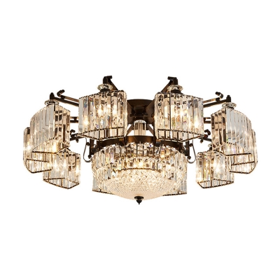 Traditional Branch Semi Flush Chandelier Clear Crystal Prism Ceiling Mount Light in Black