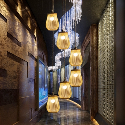 Wood Pear Shaped Multi-Pendant Modern Bamboo Hollowed-out Ceiling Hang Light for Restaurant