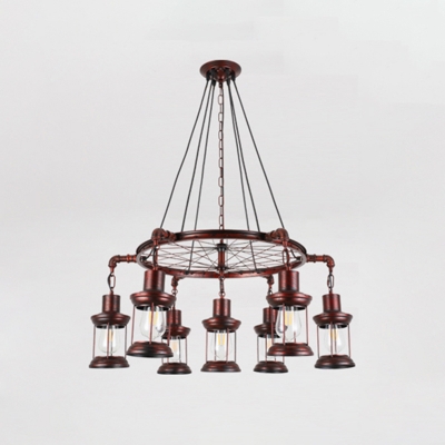 Wrought Iron Bronze Chandelier Wheel Style Industrial Hanging Light with Clear Glass Lantern