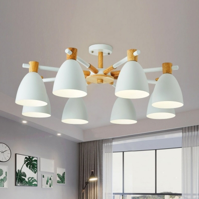 8-Light Living Room Flush Chandelier Nordic Wood Semi Flush Ceiling Light with Bell Metal Shade