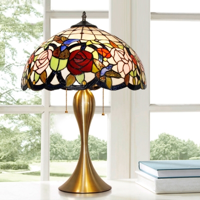 Brass 3-Bulb Pull-Switch Table Light Decorative Stained Glass Bowl Night Lamp with Bird and Flower Pattern