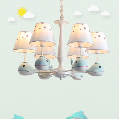 Cartoon Whale Ceiling Hang Light Resin Kids Style Chandelier with Fabric Shade in Light Blue