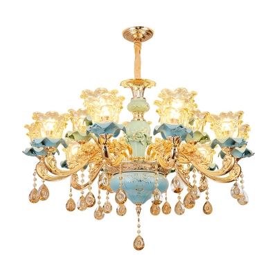 Carved Glass Scalloped Pendant Light Fixture Classic Dining Room Chandelier with Crystal Drop in Blue