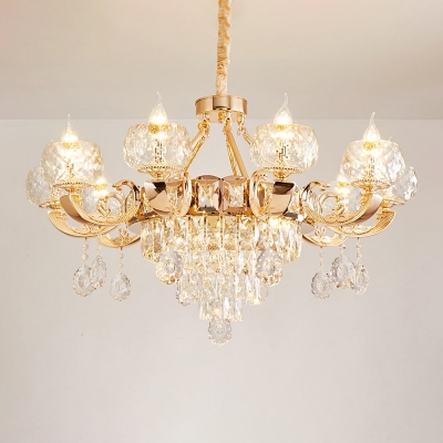 Clear Lattice Glass Bowl Chandelier Traditional Lounge Ceiling Hang Light in Gold with K9 Crystals