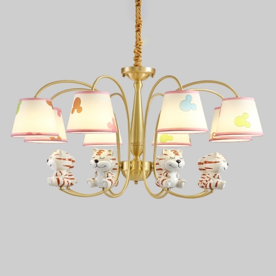 Cone Fabric Chandelier Lighting Cartoon White and Gold Ceiling Pendant with Decorative Animal