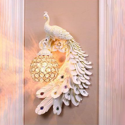 Crystal Dome Wall Lighting Fixture Rustic Living Room Wall Sconce with Peacock Decoration