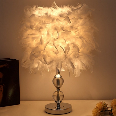 Cylindrical Feather Nightstand Lamp Minimalist 1-Light Nickel Table Lighting for Bedroom