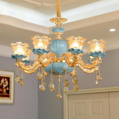 Glam Vintage Flower Chandelier Carved Glass Suspension Light in Blue with Crystal Ornaments