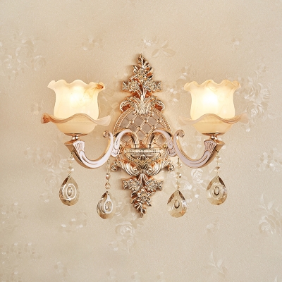 Gold Wall Mounted Light Fixture Classic Glass Flower Sconce Lighting with K9 Crystal